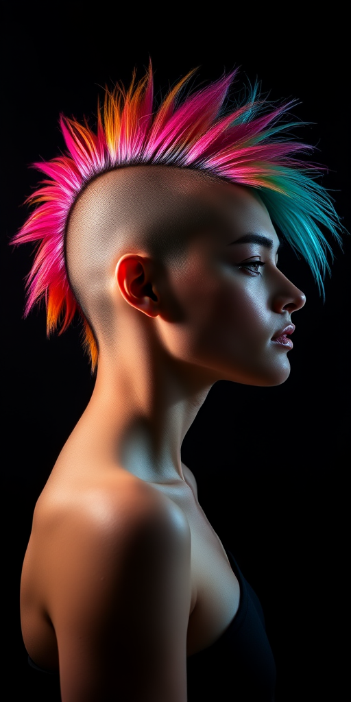 Create an artistic portrait of a person with a vibrant rainbow mohawk hairstyle, side profile, shot with a Canon EOS R5 at f/1.8, 1/200s, ISO 100, in dramatic lighting with a shallow depth of field against a dark gradient background.