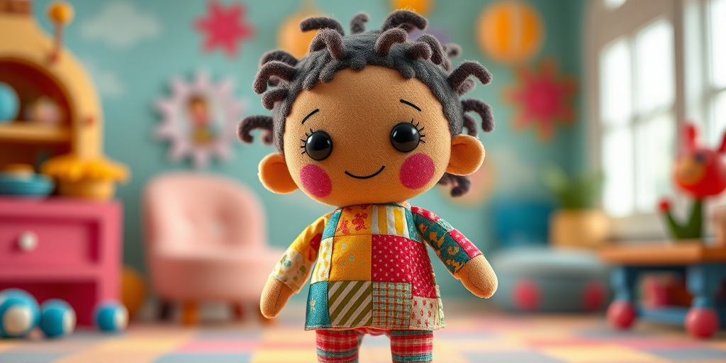 Create a high-resolution illustration of a whimsical plush character resembling a patchwork doll, featuring varied fabric patterns and colors, standing in a vibrant, playful setting, shot with a Canon EOS R5 at f/2.8, 55mm, ISO 100, with soft, diffused lighting for enhanced texture and detail.