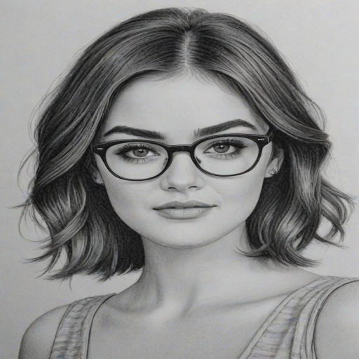 Enticing Lucy Hale, pencil sketch, portrait of Sublime woman 1948s in glasses, hair style beatnik, outline, clear lines, fine lines, 8k