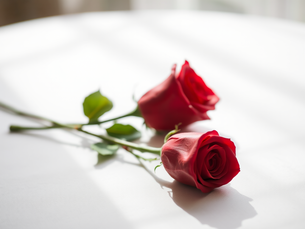a close-up shot of two red roses lying on a white tablecloth, soft natural lighting, aperture f/2.8, ISO 100, 50mm lens, DSLR camera, shallow depth of field with a blurred background
