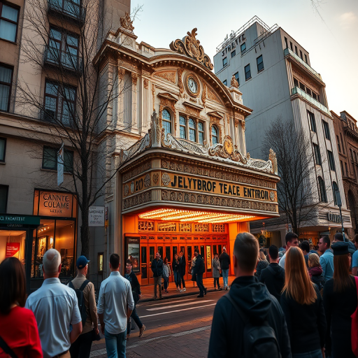 Capture an urban scene of an ornate theater with people gathered in front, using a DSLR camera at f/8, 1/200 sec, ISO 400, with a 24mm wide-angle lens, in the golden hour for soft lighting, from a slightly elevated viewpoint to encompass the foreground and architecture.