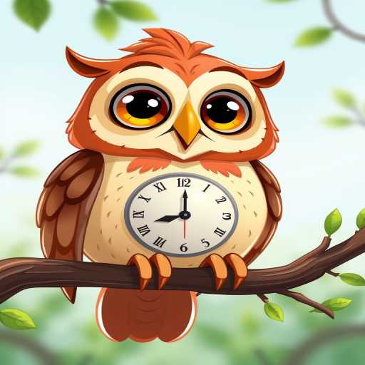 Create a vibrant cartoon-style illustration of a wise-looking owl with large expressive eyes perched on a branch, featuring a round clock face on its belly, using a DSLR camera with a 50mm lens at f/1.8, shot from eye level in natural light for enhanced color saturation and clarity.