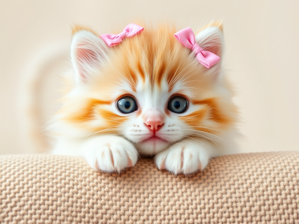 Create an image of a fluffy light orange and white kitten with big eyes resting its paws on a textured surface. The kitten should have cute pink bows on its head, adding a playful and adorable touch to the scene. The background should be soft and neutral, emphasizing the kitten's features.