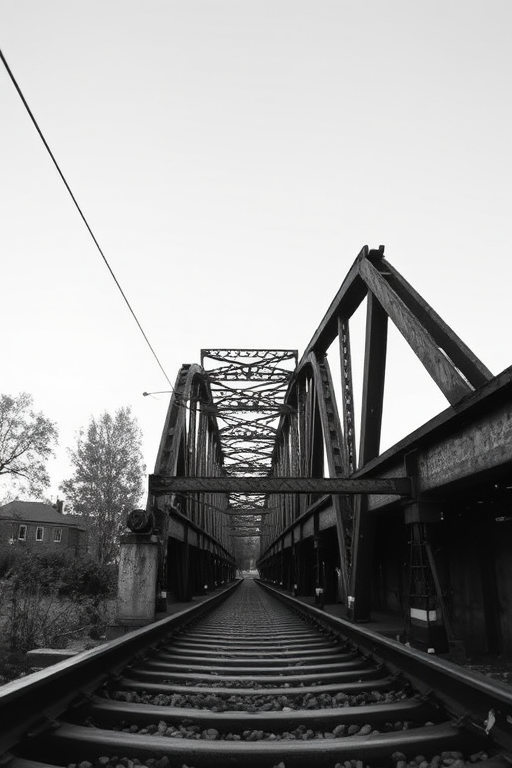 Capture a black and white image of an abandoned railway bridge with a low-angle perspective, using a DSLR camera at f/8, ISO 200, and 1/250s shutter speed for enhanced depth and detail.