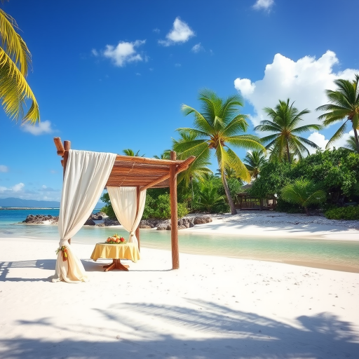 Create a picturesque tropical beach scene featuring a serene, white sandy shore. In the foreground, there's a rustic wooden canopy with white drapes gently flowing in the breeze. Underneath the canopy, a table is set with tropical decor, evoking a sense of relaxation and leisure. The beach extends into a calm, shallow water area with reflections of the sky and surroundings. Palm trees and lush greenery line the edge of the beach, providing a natural, tropical backdrop. The sky is clear with a few scattered clouds, and the overall atmosphere is tranquil and inviting, perfect for a peaceful retreat.