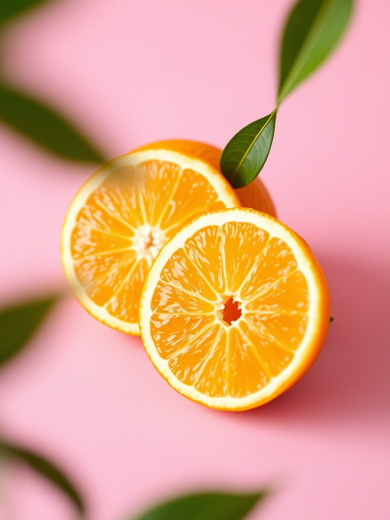 Create a high-resolution illustration of two oranges with a sliced wedge on a soft pink background, shot with a DSLR camera at f/2.8 aperture, 50mm lens, natural lighting, and a shallow depth of field for a smooth bokeh effect.