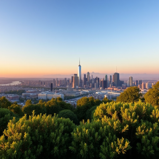 Capture a panoramic view of a city skyline with lush green foreground, emphasize depth and clarity, use a wide-angle lens at f/8, ISO 100, shutter speed 1/250, shoot in natural light at golden hour, digital DSLR.