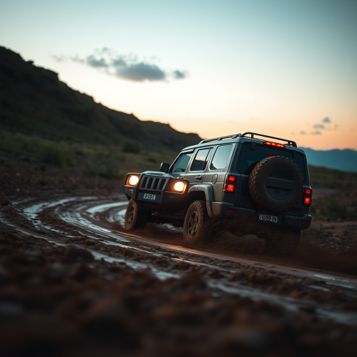 A rugged SUV driving through a muddy landscape at twilight, shallow depth of field, 50mm lens, f/2.8 aperture, ISO 400, 1/250 sec shutter speed, shot from a low angle to emphasize motion and terrain details.