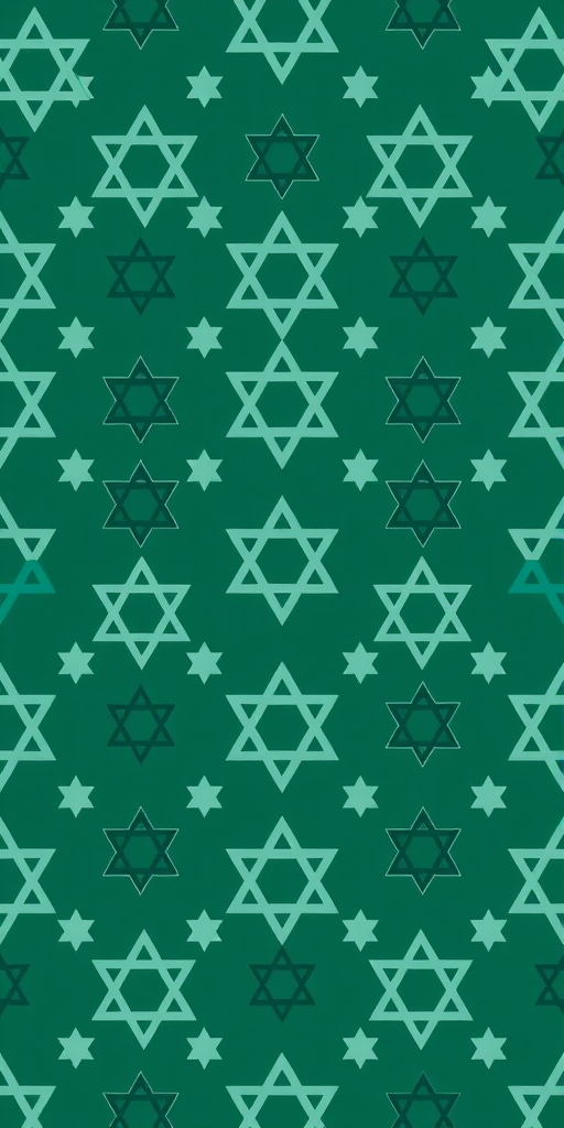 Create a seamless pattern featuring repeating star of David symbols in a muted teal and dark green color scheme, shot with a Canon EOS R5, aperture f/8, ISO 100, 50mm lens, overhead view for enhanced texture and detail.