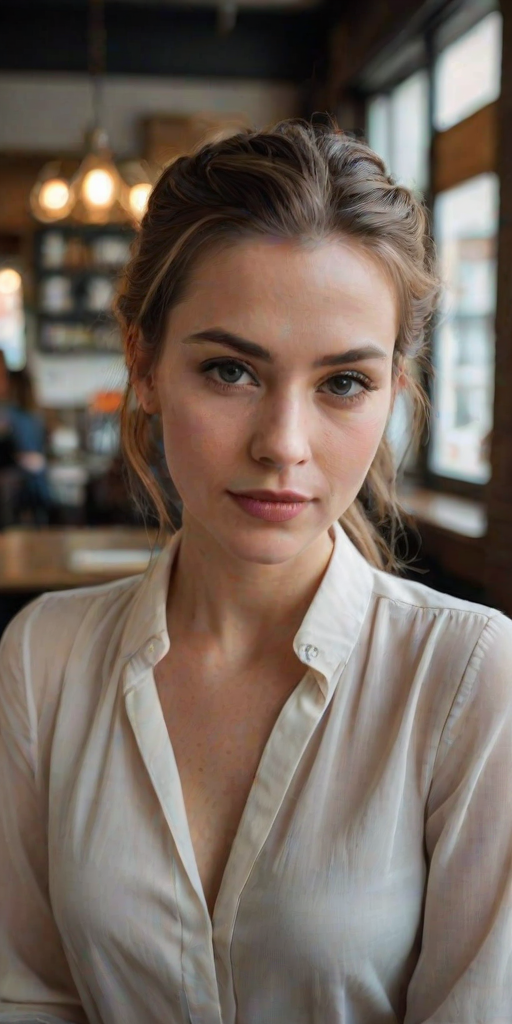 beautiful detailed photograph,  beautiful detailed photograph, shoulder length hair pulled back. strands of hair framing her face, She is wearing a chic blouse, standing in a cafe looking at the viewer.