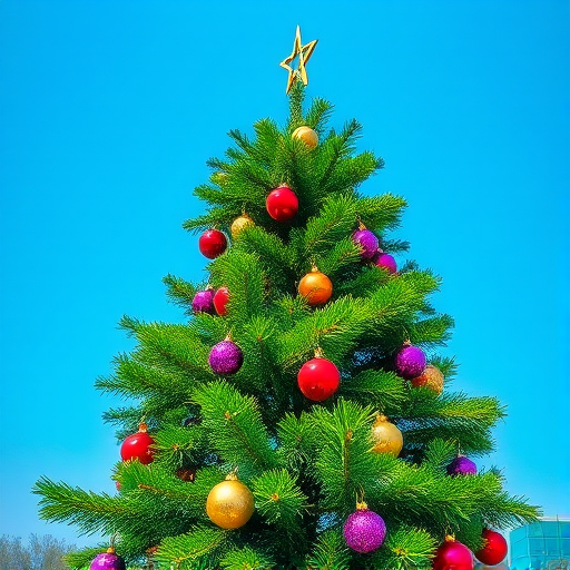 Generate an image of a lush green Christmas tree adorned with colorful ornaments. The tree should be set against a clear blue sky, with vibrant red, purple, and gold baubles hanging from its branches. The scene should convey a festive atmosphere, emphasizing the beauty of the tree and the decorations.