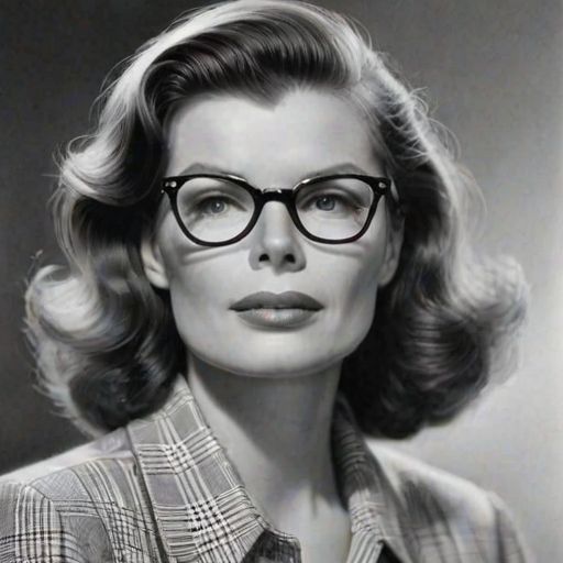 Radiant Katharine Hepburn, pencil sketch, portrait of Wonderful woman 1958s in glasses, hair style beatnik, outline, clear lines, fine lines, 8k