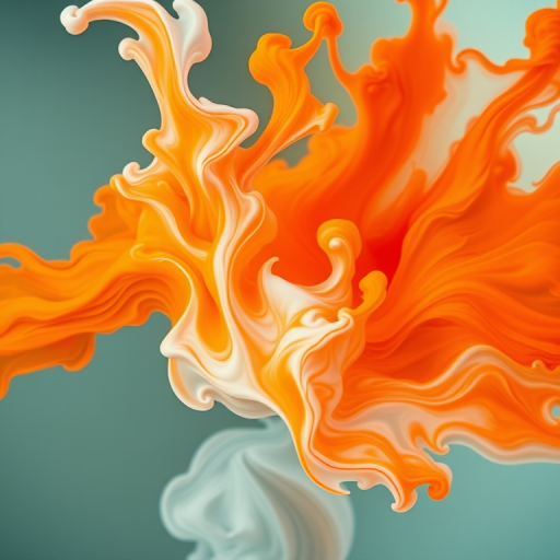Create a vibrant close-up of swirling orange and white ink in water, captured with a Canon EOS R5, 50mm lens at f/2.8, ISO 100, 1/200s, with soft diffused lighting to enhance fluid dynamics and texture.