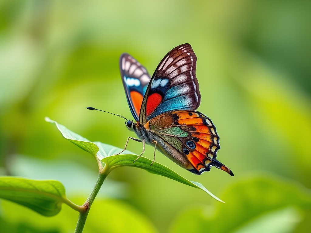 Generate an image of a butterfly perched on a green leaf, showcasing vibrant colors and intricate patterns on its wings, with a blurred natural background.