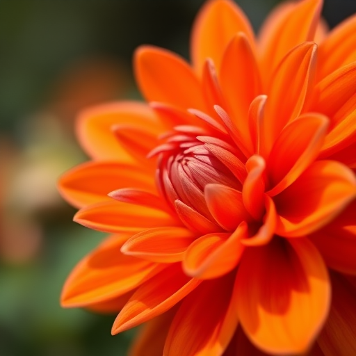 Close-up of a dahlia flower in vibrant orange hues, soft-focus background, natural daylight, macro lens, f/2.8 aperture, 50mm focal length, ISO 100, shot on a DSLR camera with shallow depth of field.