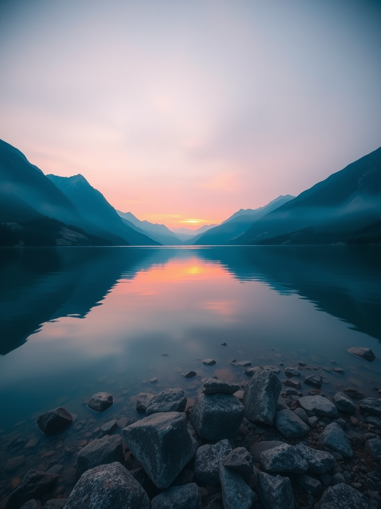 Create a vivid landscape of a serene lake surrounded by mountains during sunrise, with soft reflections on the water's surface, shot with a DSLR camera at ISO 100, f/11, 1/60s, using a wide-angle lens and a tripod for stability.