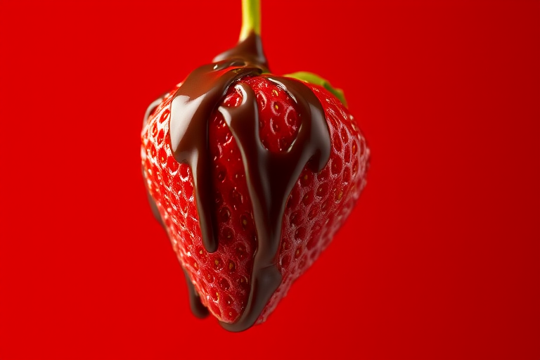 A close-up shot of a fresh strawberry drizzled with melted chocolate, hanging against a vibrant red background, captured with a DSLR camera using a 50mm lens, aperture f/2.8, ISO 100, shutter speed 1/200s, natural lighting to enhance textures and colors.