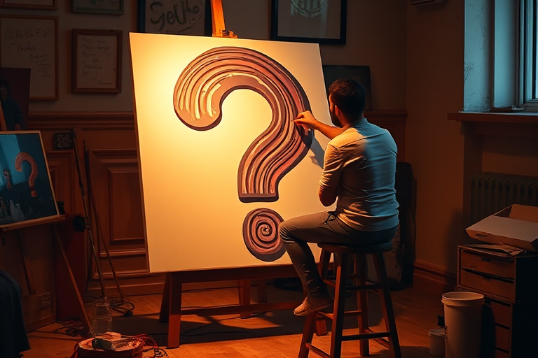 A person sitting on a stool painting a large 3D question mark on a canvas, warm lighting, soft focus, 50mm lens, f/1.8 aperture, ISO 200, shallow depth of field, captured with a DSLR camera.