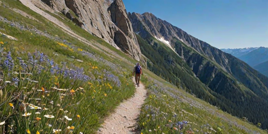 Scenic mountain trail during spring, with wildflowers blooming along the path, a group of hikers making their way up, and a clear blue sky enhancing the sense of adventure.