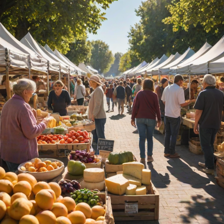 Lively farmer's market, with colorful stalls overflowing with fresh produce, customers chatting and sampling local cheeses, and the warm glow of the sun illuminating the vibrant scene.