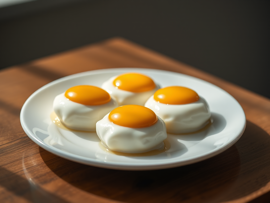Create a high-resolution image of three sunny-side-up eggs on a white plate, captured with a Canon EOS R5 at f/2.8, ISO 100, 1/200s, top-down view, natural lighting, with a soft focus background for enhanced depth.