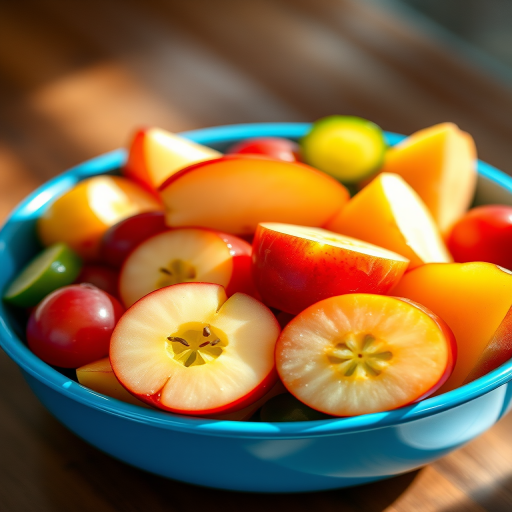 High-resolution digital illustration of a fruit salad in a blue bowl, featuring vibrant apples, grapes, and cucumbers; soft natural lighting, shallow depth of field, macro lens, DSLR camera settings: f/2.8, ISO 100, 50mm focal length, enhanced color saturation.