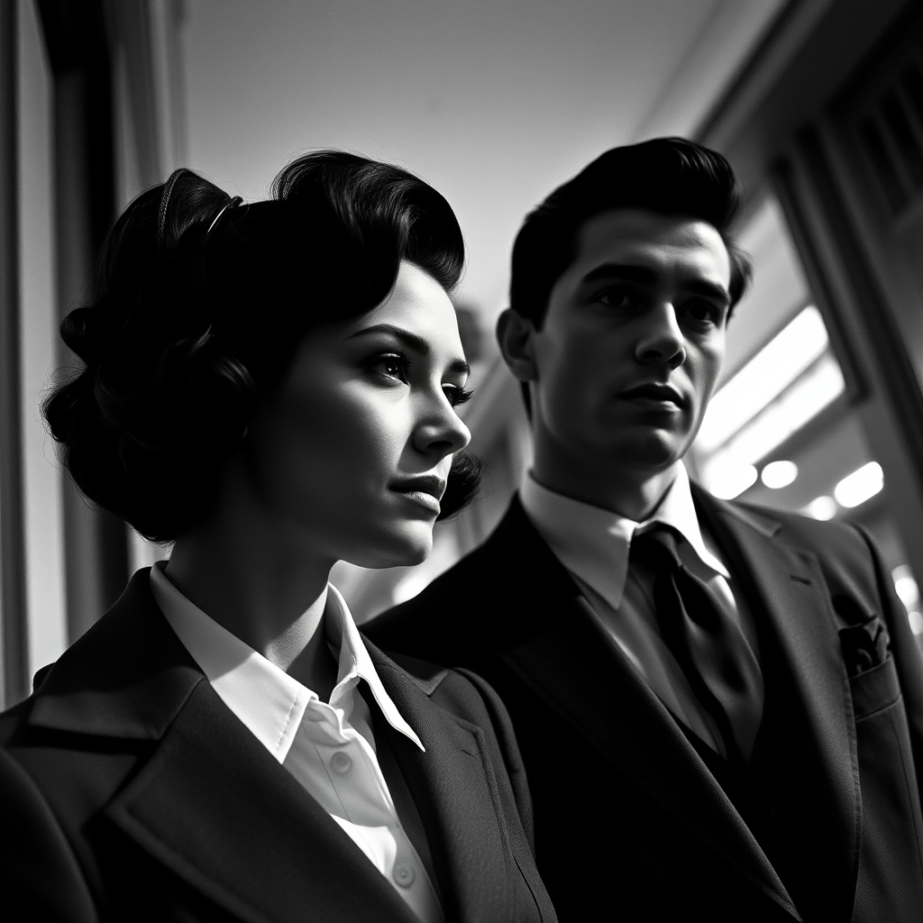 Black-and-white photograph, couple, tailored suits, retro hairstyles, film noir style, Tilt the camera for a dynamic Dutch angle using a versatile 24-70mm lens
