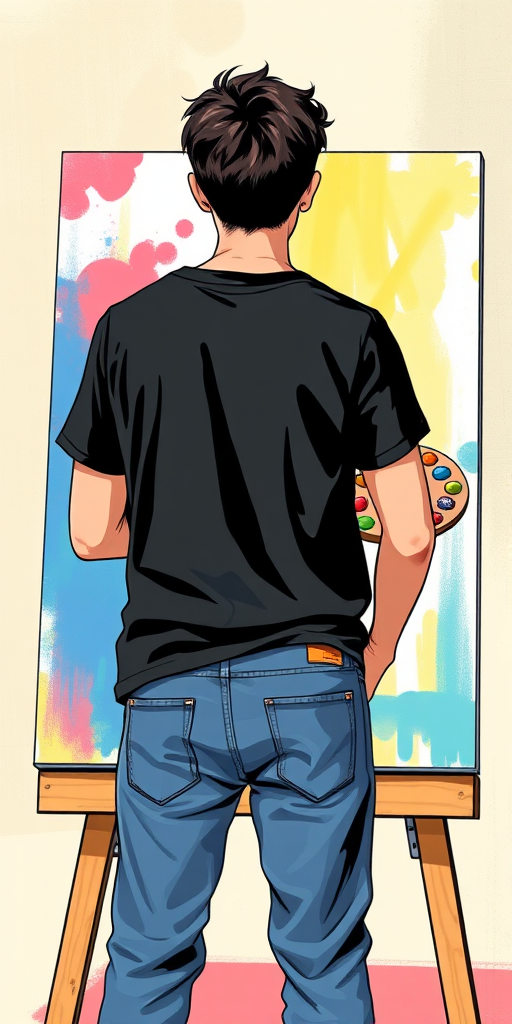 Create an illustration of a person painting on a canvas, viewed from behind, wearing a black t-shirt and blue jeans, holding a palette with multiple colors, in a bright and vivid color palette, using a digital art style with high resolution, 300 DPI, and a focus on vibrant details and clean lines.