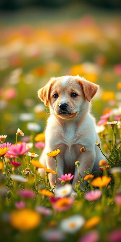 A cute puppy sitting in a field of flowers, soft natural lighting, shallow depth of field, f/2.8 aperture, ISO 100, 50mm lens, Canon EOS 5D Mark IV, vibrant colors, whimsical atmosphere.
