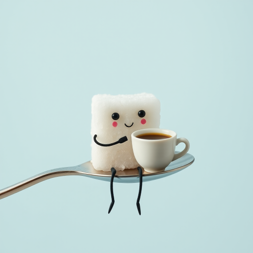 A sugar cube with a face and legs, sitting on a spoon and sipping a tiny cup of coffee.