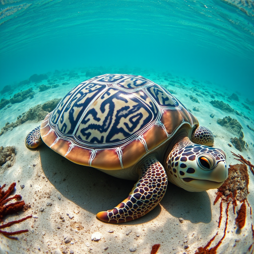 Underwater photograph of a large, ornate turtle shell resting on the ocean floor, high-resolution, captured with a DSLR camera, settings: ISO 200, f/11, shutter speed 1/125s, wide-angle lens, natural light, clear water with sunlight filtering through, high detail and vibrant colors.