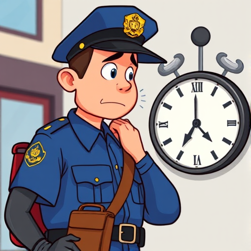 Create a cartoon-style illustration of a worried police officer in a blue uniform with a brown satchel bag looking at a clock showing the time, using a Canon EOS R5 camera with a 50mm lens, f/1.8 aperture, ISO 100, shot in natural light with a slightly blurred background for depth.