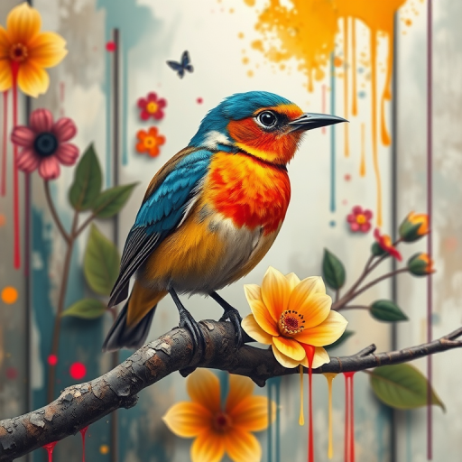 Create a vibrant and colorful depiction of a stylized bird perched on a textured branch, surrounded by abstract floral elements and dripping paint effects, using a Canon EOS R5 with a 50mm lens, aperture f/1.8, ISO 100, and a shallow depth of field to enhance image quality.