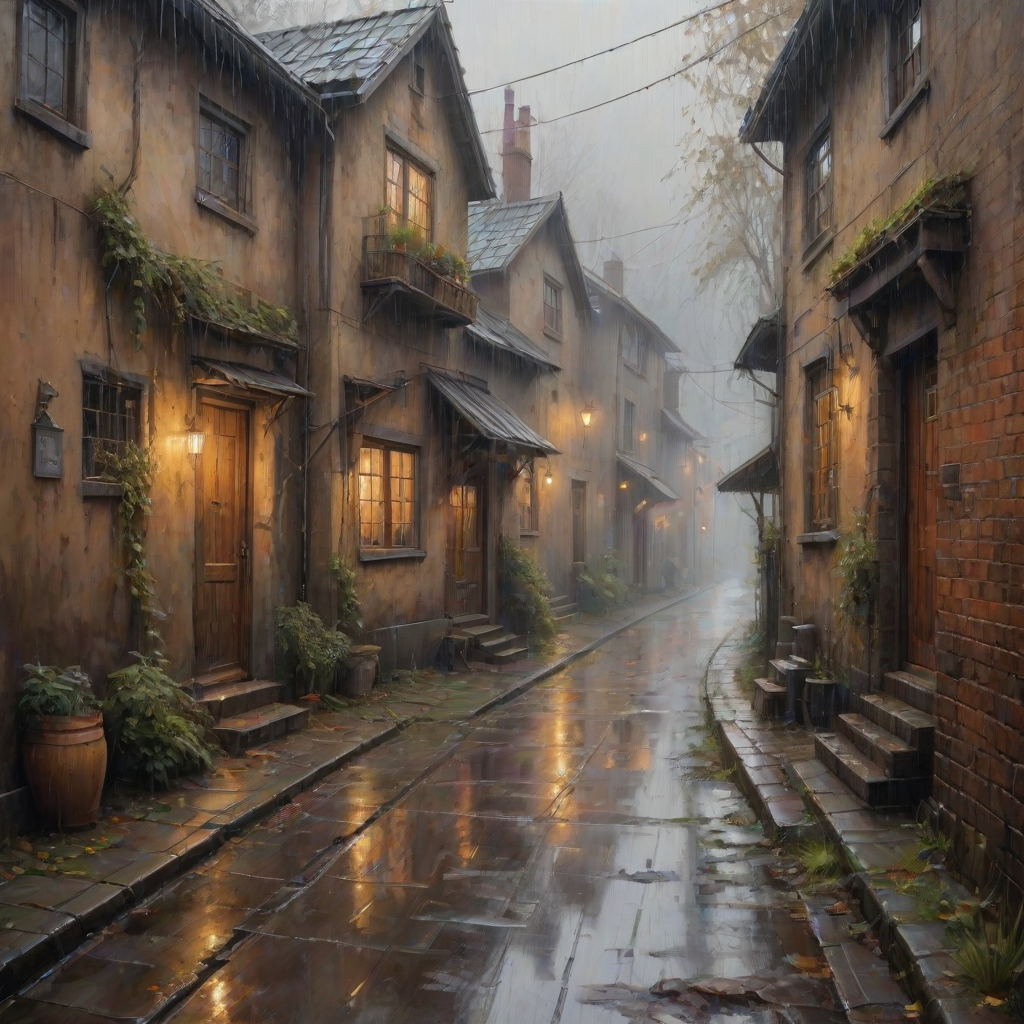 rainy day house painting, fine art painting, fantasy art, 4K, 3D, HDRi, detailed oil painting, high definition art, expressive rustic oil painting, foggy alley, soft focus