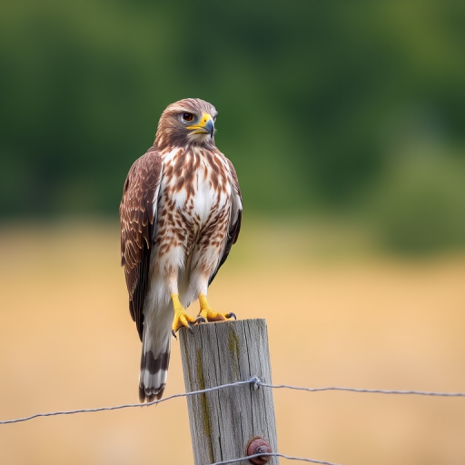 capture a close-up of a hawk perched on a fence post with a blurred background, using a DSLR camera with a 300mm lens, aperture f/4, shutter speed 1/500s, ISO 200, natural light, shallow depth of field to highlight the hawk and create a soft bokeh effect in the background