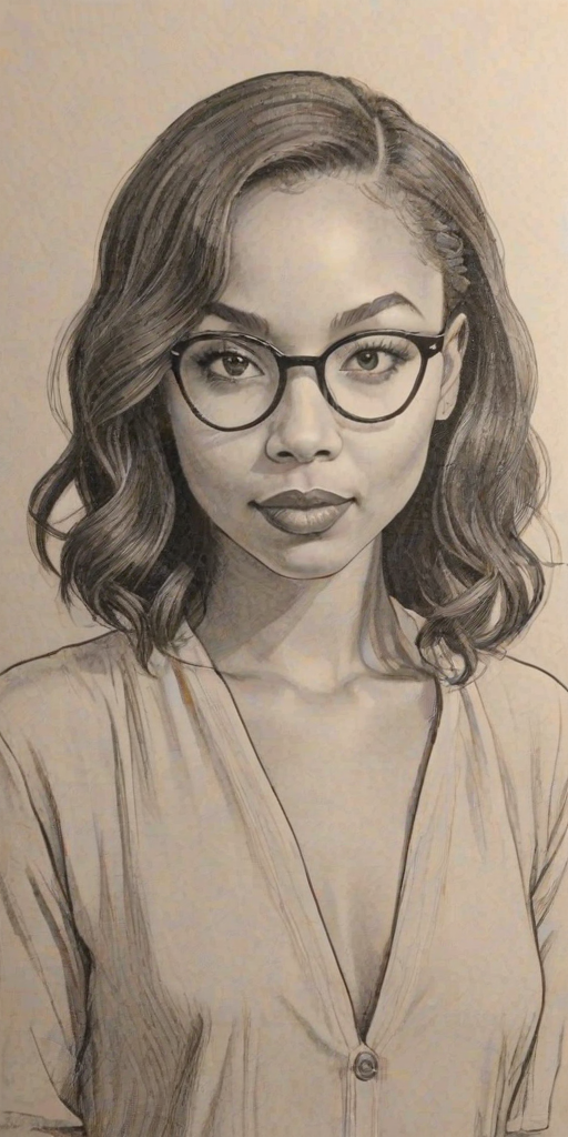Exquisite Logan Browning, pencil sketch, portrait of Elegant woman 1932s in glasses, hair style beatnik, outline, clear lines, fine lines, 8k