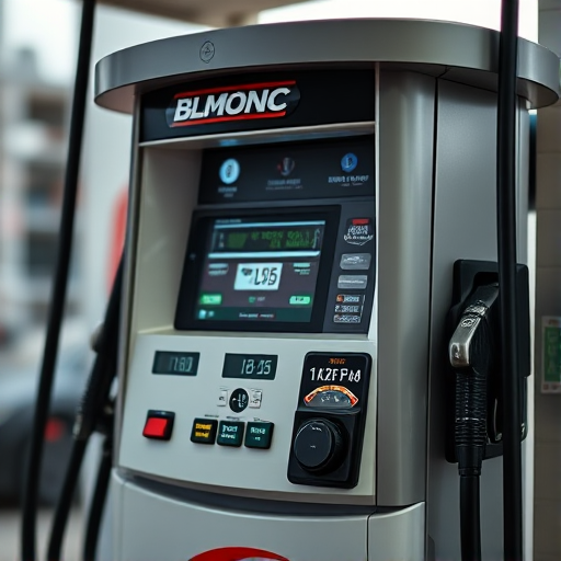 Create a high-resolution image of a fuel pump with a modern design, using a Canon EOS R5 camera with a 50mm f/1.8 lens, aperture set to f/8, ISO 100, and a shutter speed of 1/200s, captured from a slightly elevated angle to enhance depth and detail.