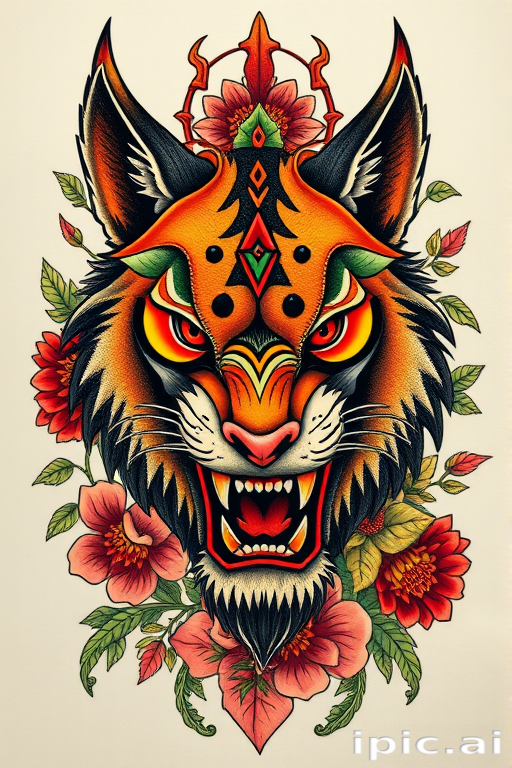 Neo-traditional tattoo called "Savage Beauty" showcasing a fierce animal portrait surrounded by bold, saturated colors and thick outlines, incorporating elements of nature and symbolism