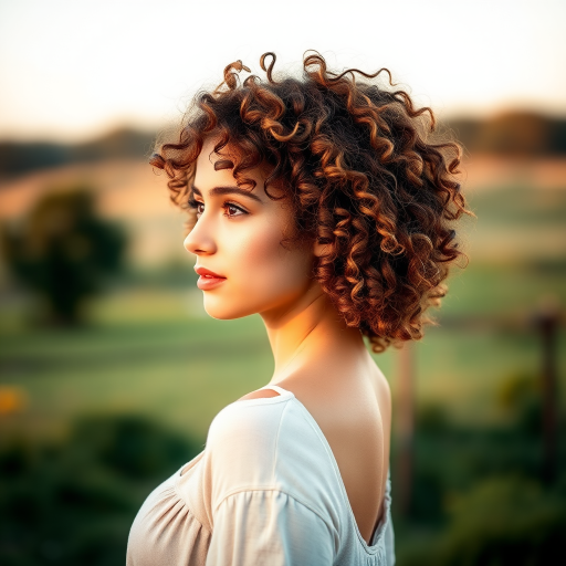 Generate a high-quality portrait of a young woman with curly hair in profile against a soft-focus rural background, camera settings: 50mm lens, f/1.8 aperture, ISO 100, shutter speed 1/200s, shot in golden hour lighting to highlight facial features and hair texture, use a DSLR camera style for sharp details and depth of field.