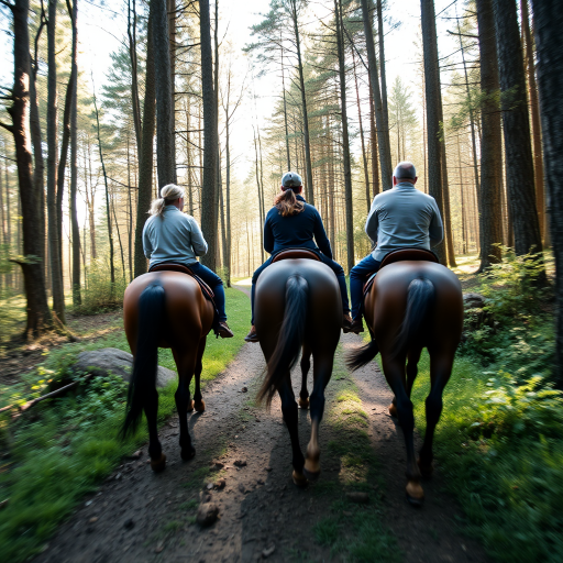 three riders on horseback seen from behind, riding along a forest path, natural lighting, shallow depth of field, camera settings: ISO 200, aperture f/5.6, shutter speed 1/250s, camera view: wide-angle, camera style: documentary, camera type: DSLR