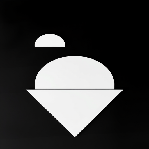 Create a high-contrast minimalist abstract design featuring a large white triangle at the bottom and a semicircular shape above, centered against a black background, shot with a DSLR camera at f/8, ISO 100, 1/125s, using a 50mm lens and a top-down view for enhanced clarity and sharpness.