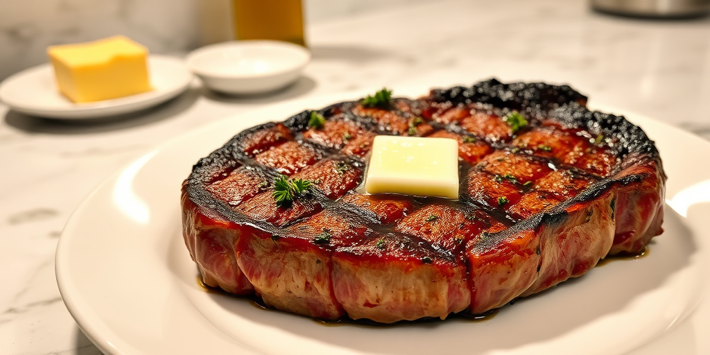 Create an image of a perfectly seared ribeye steak, resting on a white plate with a pat of melting butter on top. The steak is seasoned with fresh herbs like thyme and parsley, with glistening juices highlighting the texture of the meat. The background features a soft focus on a light, marble countertop, with a small dish of butter and an olive oil bottle in the distance. The overall mood should be warm and inviting, capturing the deliciousness and juiciness of the steak.