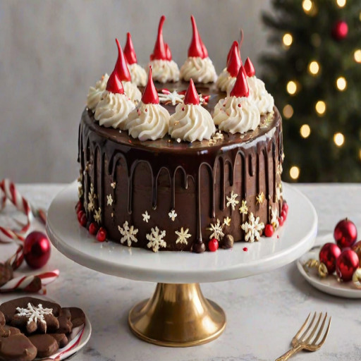 Create an image of a festive cake with a smooth white frosting base. The cake should be topped with red berries, gold star-shaped cookies, and delicate white snowflake decorations. Add a candy cane and drizzle rich chocolate ganache down the sides of the cake for an elegant touch. The setting should feel warm and inviting, perfect for a holiday celebration.