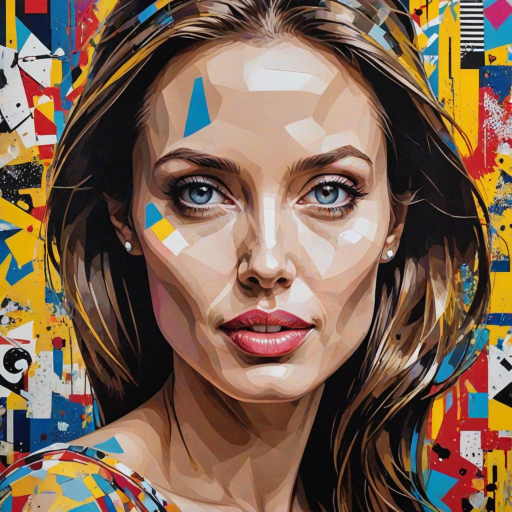 A vibrant artwork blending bohemian style with edgy street art, featuring a young angelina jolie. The design mixes vibrant colors with the modern Disney-inspired style, echoing Roy Lichtenstein's pop art. The overall mood is optimistic and trendy, with elements of Johannes Vermeer’s classic elegance, combined with the geometric abstraction of crystal cubism. add Stockholm silhouette