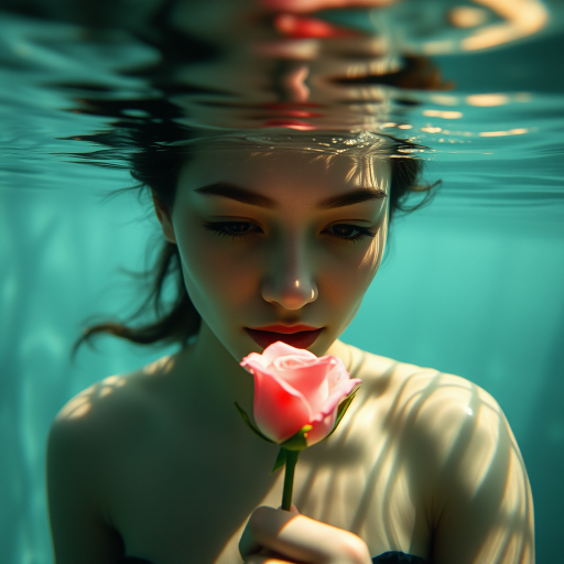 A woman underwater, gazing at a rose Her face is reflected in the water's surface The scene is illuminated by sunlight filtering through the water The atmosphere is serene and contemplative