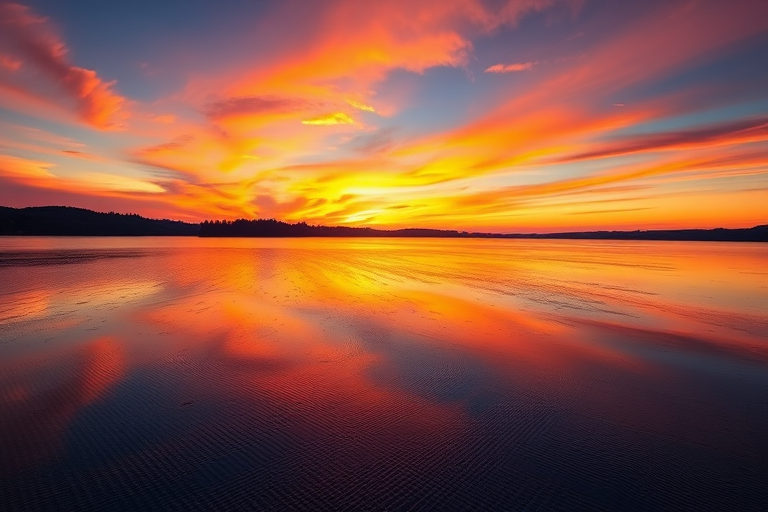 Generate a high-resolution image of a sunset over a serene lake with vibrant colors reflected in the water, shot with a Canon EOS R5 at f/2.8, ISO 100, 1/200s, wide-angle view, in landscape orientation, using a HDR style for enhanced dynamic range.