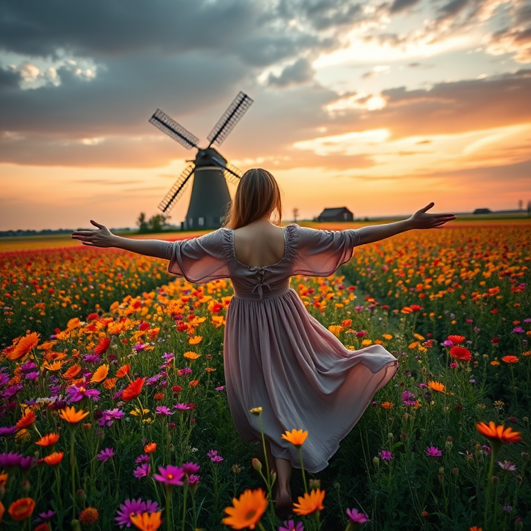 Capture a serene scene of a young woman with outstretched arms in a flowing dress amidst a vibrant wildflower field, with a classic windmill in the background under a dramatic sky, using a Canon EOS R5 with a 24-70mm f/2.8 lens, aperture set to f/8 for depth of field, ISO 100 for clarity, and a slight golden hour warm tone for enhanced atmosphere.