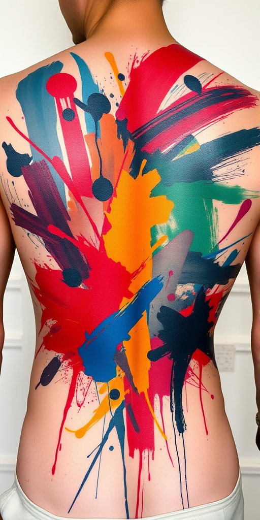 Abstract expressionist tattoo named "Emotional Spectrum" featuring bold, dynamic brushstrokes in a vibrant array of colors, creating a sense of movement and raw emotion, with subtle representational elements hidden within the chaos, suitable for back, chest, or full sleeve placement
