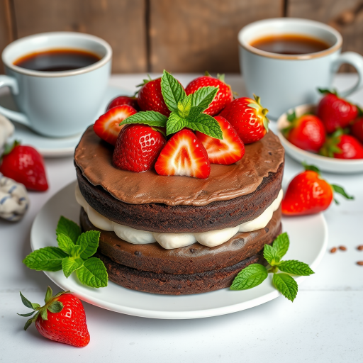 A delicious chocolate cake layered with fresh strawberries on top garnished with mint leaves placed on a white plate with a rustic background featuring a cup of coffee and additional strawberries nearby