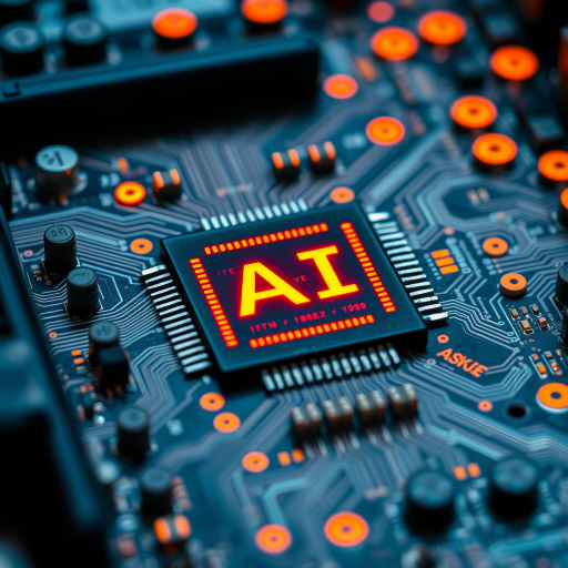 high-resolution close-up of a computer motherboard with intricate circuitry and glowing orange lights, focusing on a central microchip displaying the text "AI", use a macro lens, aperture f/2.8, ISO 100, shot from an angle of 45 degrees, DSLR camera, vibrant color contrast for enhanced details